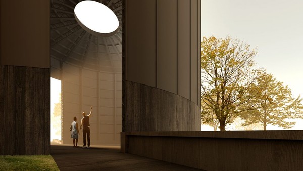Serpentine Pavilion 2022 Black Chapel designed by Theaster Gates. Design render, interior view. © 2022 Theaster Gates Studio